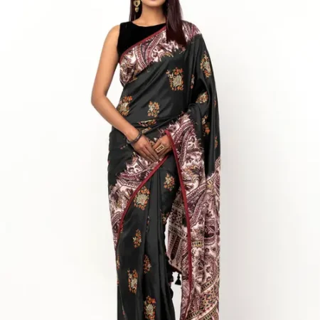 Black Dyed and Nakshi Kantha Embroidered Silk Saree