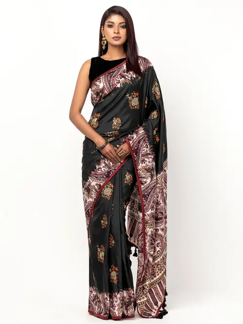 Black Dyed and Nakshi Kantha Embroidered Silk Saree